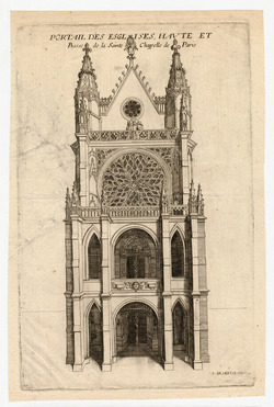 View of the facade of Sainte-Chapelle, with archways on two levels and rosace
