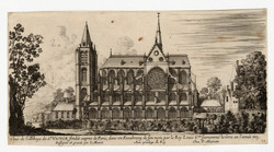 Side view of the abbey of Saint-Victor, a church with three levels of arched windows, and a large rosace