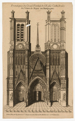 Facade of the gothic cathedral at Trois, with two towers and three portals