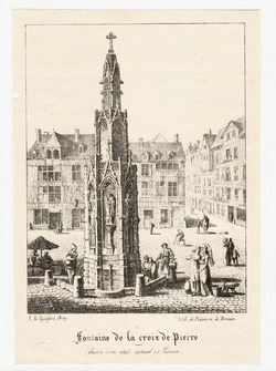 View of a fountain in a cobbled square, with figures gathering water
