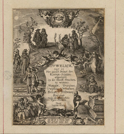 Title-page to Jacob Cats's 'Houwelyck, dat is, De gansche gelegtheydt des echten staets', with title on a sheet held by cherubs, with medallion above containing two birds resting on a pair of clasped hands, with eight groupings of figures depicting the lifecycle of a couple from courtship to death
