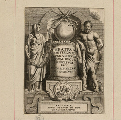 Frontispiece to the series with title on a column topped by an oar, a sword and trumpets, flanked by History to the left and Hercules to the right, with a medallion of Europa below