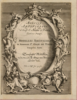 Frontispiece to the third part of the series with title in an Auricular-style cartouche topped by a crown, with Romanesque figures