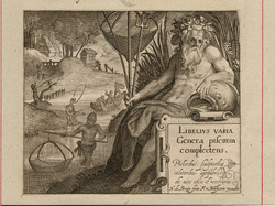 Frontispiece to the series with title in a cartouche, with Neptune tipping water and fish out of an urn, with river scene featuring fishermen in the background