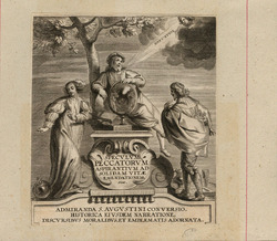 Title-page to Jan Mantel's 'Speculum peccatorum aspirantium ad solidam vitae emendationem', with title split between a cartouche and a tablet, with a head in the clouds hailing a seated male figure leaning against a mirror, with a female figure to the left with a globus cruciger, with a male figure to the right surrounded by symbols of drinking and gambling