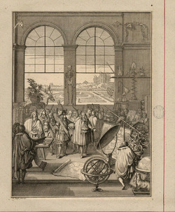 Frontispiece to an unidentified publication, with scene of Louis XIV visiting the Royal Academy of Sciences