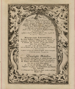 Frontispiece to the first part of the series with title in an Auricular-style frame, with a coat of arms emblazoned with three wheels