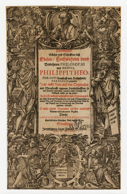 Title-page to Paracelsus's 'Chirurgische Bücher und Schrifften', with title on a sheet held by two putti, with a medallion portrait of the author above, flanked by personifications of Astronomy and Astrology, with Virgil to the left, with Hermes Trismegistus to the right, with a bust of Minerva below, flanked by personifications of Pharmacy and Alchemy