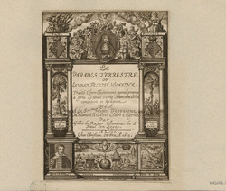 Title-page to Gilles de Rasyr's 'Le paradis terrestre ou la vraie félicité humaine', with title in a compartment flanked by scenes of the Garden of Eden and Nehushtan, with a portrait of Isabella Clara Eugenia above, topped by the infant Christ and surrounded by allegorical figures, with compartments below containing an unidentified male portrait, the globus cruciger and the Sacred Heart in relation to symbols of vanity, and a turtle edging towards the Christogram in a stormy sea