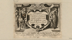 Frontispiece to the series with title in an ornate cartouche, with a male figure on horseback to the left, with a weeping female figure to the right