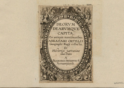 Frontispiece to the series with title in an ornate cartouche decorated with fruits and flower garlands, with harpies in the lower corners