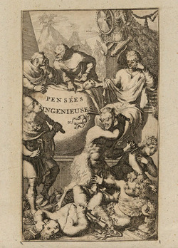 Frontispiece to Dominique Bouhours's 'Pensées ingenieuses des anciens et modernes', with title on a spherical statue being unveiled by two male figures, with a satyr whipping an infant Cupid and Bacchus, with various other allegorical figures