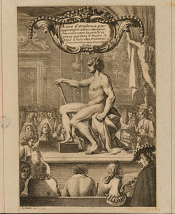 Frontispiece to the series with title in an ornate cartouche above scene of a seated nude male figure, posing for the various students gathered around him