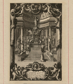 Frontispiece to the series with title in an ornate cartouche flanked by harpies and putti, with medallion portrait of Christ above, with interior scene of a high altar topped by a statue of Christ