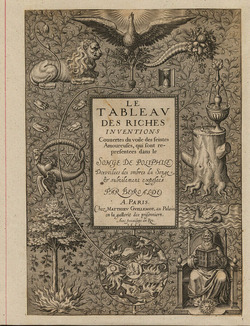 Title-page to François Béroalde de Verville's translation of Francesco Colonna's 'Le Tableau des Riches Inventions', with title in a frame surrounded by various alchemical symbols including a medallion containing Chaos, the Tree of Life springing from the eternal Fire, an ouroboros comprised of two fighting dragons, a lion with severed paws, a phoenix, an hourglass, a dead tree stump topped by the Fountain of Youth, the serpent Orthomander, and a figure representing the founder of the science of