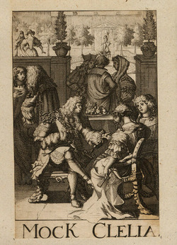 Frontispiece to Adrien Thomas Perdou de Subligny's 'Mock-Clelia', with title below scene of a seated male figure addressing two seated female figures, with groups of figures conversing behind, with an enclosed garden in the background