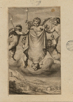 Unlettered state for a frontispiece to an unidentified publication, with space for title on a sheet held aloft by six putti, with landscape below