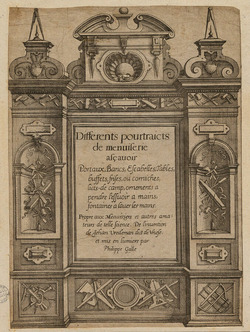 Frontispiece to the series with title in a compartment forming part of an architectural design, with woodworking tools used as decoration throughout