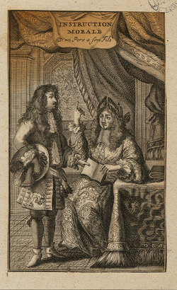 Frontispiece to Philippe Sylvestre Dufour's 'Instruction morale d'un père à son fils qui part pour un long voyage', with title on a sheet above interior scene, with a standing male figure and a seated male figure holding an open book between them