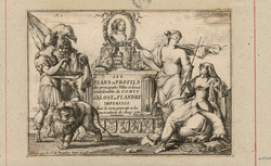 Frontispiece to the series with title on a pedestal topped by an oval portrait of Maria Theresa of Spain, with two soldiers and a lion to the left, with Justice and another allegorical female figure, possibly Demeter, to the right