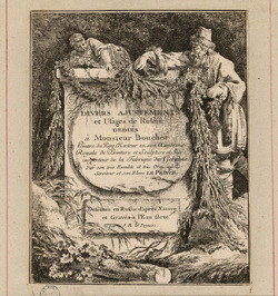 Frontispiece to the series with title on a stone pedestal, which an infant and a peasant are decorating with foliage