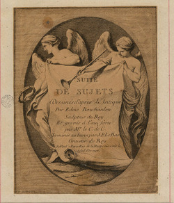 Frontispiece to the series with title on a sheet held between two angels, holding a laurel wreath to the left and a trumpet to the right