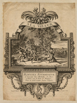 Trade card for Roussel Fourbissieur, with ornate frame containing battle scene, flanked by swords entwined by olive branches, with his information in a compartment impaled by swords below, with a medallion of Athena