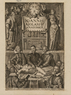 Frontispiece to Jean Riolan's 'Opera Anatomica', with title on a sheet draped over a cabinet of surgeon's instruments, flanked by Asclepius to the left and Hygeia to the right, with the author and seven surgeons grouped around an autopsy table below