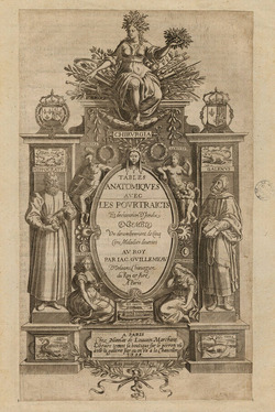 Title-page to Jacques Guillemeau's 'Tables anatomiques', with title in a cartouche, surrounded by the four humours, with Hippocrates to the left, with Galen to the right, with a female figure representing Chirugia seated on branches and surgical instruments above, with compartments containing Noah's Ark and animals of the four elements
