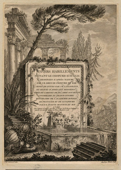 Frontispiece to the series with title on a stone block forming part of a fountain, with ruined architecture in front and behind, with a landscape in the background
