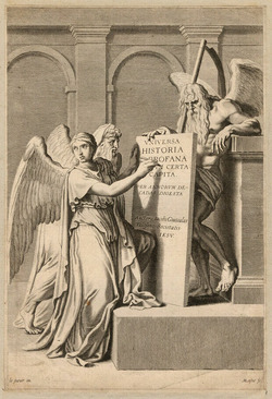 Frontispiece to Jacques Goutoulas's 'Universa historia profano', with title on a stone tablet being written upon by an angel and supported by Time, with an old man behind