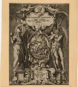 Frontispiece to the third part of the series with title in a cartouche, topped by a medallion portrait of Janus flanked by putti, with oval containing Romulus and Remus with Minerva, with statue of Minerva to the left, with statue of Saturn devouring a child to the right
