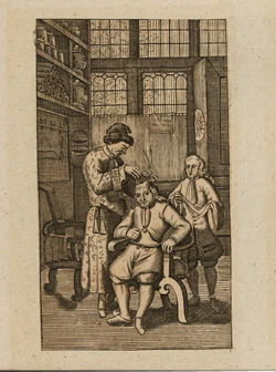 Frontispiece to Augustin Belloste's 'The Hospital-Surgeon or, a new, gentle, and easie way, to cure speedily all sorts of wounds', with interior scene depicting a surgeon performing a cranioplasty on a seated patient, with an attendant holding a towel to the right