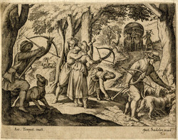 Hunters with crossbows shooting at birds, copy in reverse
