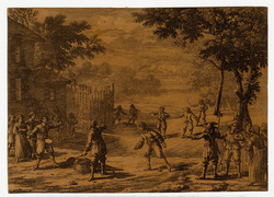 Figures playing tennis in a landscape