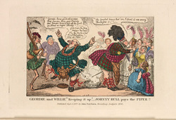 Geordie and Willie in Highland costume, Johnny Bull paying the piper