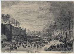 Dutch landscape with people skating on a frozen sea