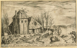 Winter landscape with skaters, a dwelling with felled trees and swine and at right figures playing ice hockey
