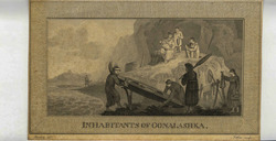 Inhabitants of Oonalashka: Men launching a kayak with women watching, an illustration from Dr John Trusler's 'The Habitable World Described'