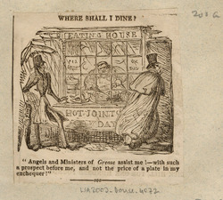 A man wearing a top hat and a long cape enters an eating house while a slim man holding an umbrella stands in the rain, with text below