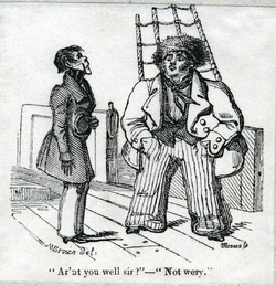 A stout sailor wearing a fur hat and a large coat stands on the deck of a ship, his legs apart and his arms akimbo, next to a slim traveller