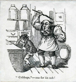 A grocer wearing an apron raises a cane to strike an unsuspecting boy stealing sweets from a drawer in a shop