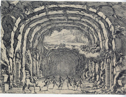 Stage scene with dancing men and a centaur in a grotto