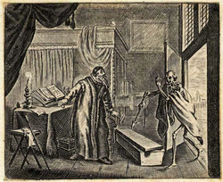 Death beckoning to an old man in his study