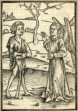 The prodigal son being admonished by the angel in a field