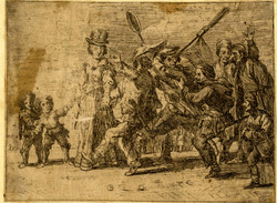 Plate 6: A masquerade moving towards left, one of them holding a broom and a pan, another playing music, two dwarfs standing at far left, broken egg-shells in foreground
