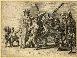 Plate 6: A masquerade moving towards left, one of them holding a broom and a pan, another playing music, two dwarfs standing at far left, broken egg-shells in foreground