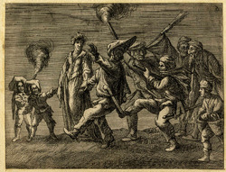 Procession of a masquerade, including two children and a woman on the left, copy