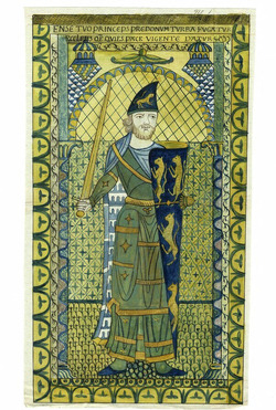 Preparatory drawing of Geoffrey Plantagenet, Earl of Maine and Anjou, holding a sword and a shield