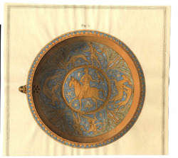 A metal dish decorated with a man on horseback carrying on his fist a hawk in the middle and four scenes representing the sports of hawking, coursing the hare and hunting the stag on the outer circle, owned by Francis Douce